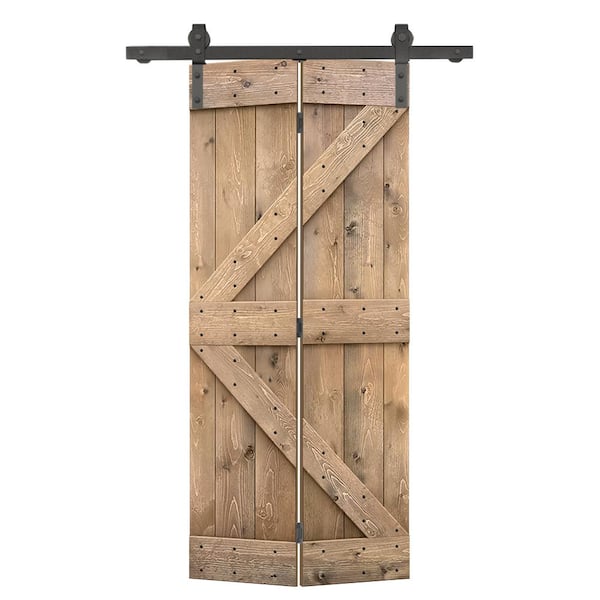 CALHOME 26 in. x 84 in. K Series Solid Core Light Brown Stained DIY Wood Bi-Fold Barn Door with Sliding Hardware Kit