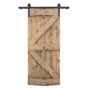 38 in. x 84 in. K Series Light, Brown-Stained DIY Wood Bi-Fold Barn Door with Sliding Hardware Kit