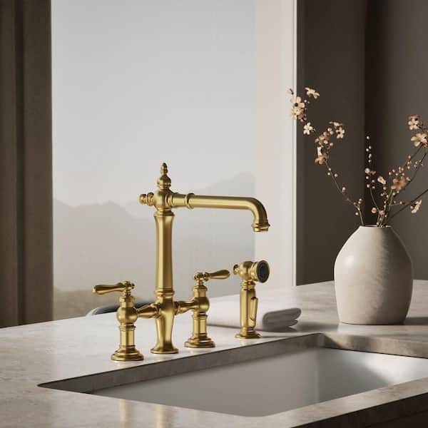Artifacts 2 Handle Bridge Kitchen Faucet in Vibrant Brushed Moderne Brass