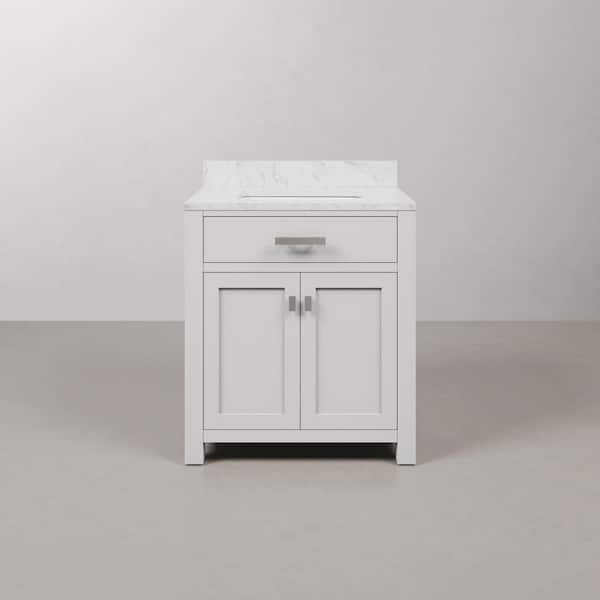 Madison 30 in. W x 21.5 in. D x 34 in. H Single Sink Bath Vanity in Pure White with Carrara White Marble Top