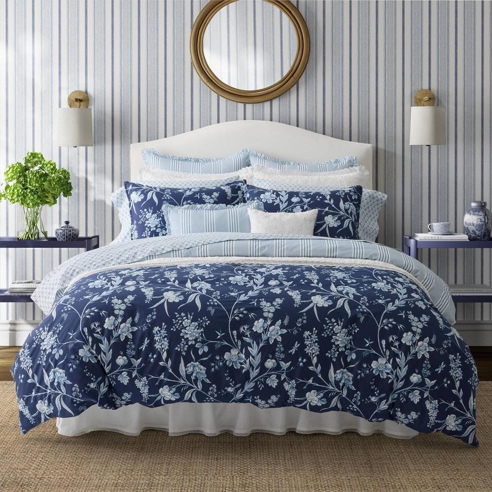 Laura Ashley Branch Toile 7-Piece Blue Cotton Bonus Full/Queen Comforter Set  USHS8K1240416 - The Home Depot