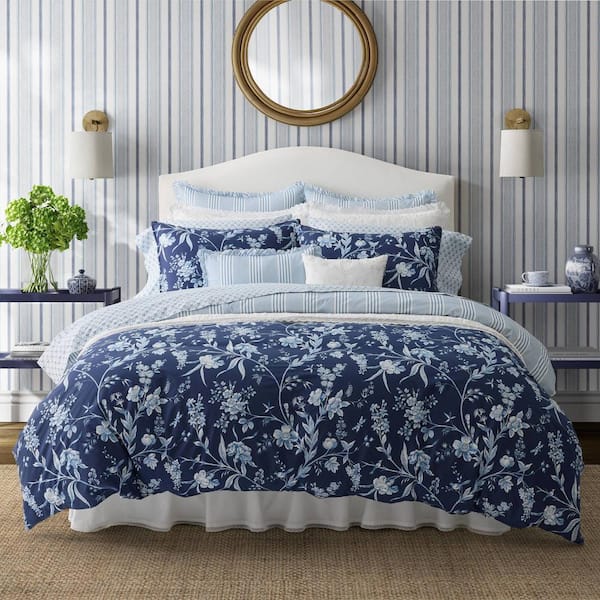 Laura Ashley Branch Toile 7-Piece Blue Cotton Bonus King Comforter Set