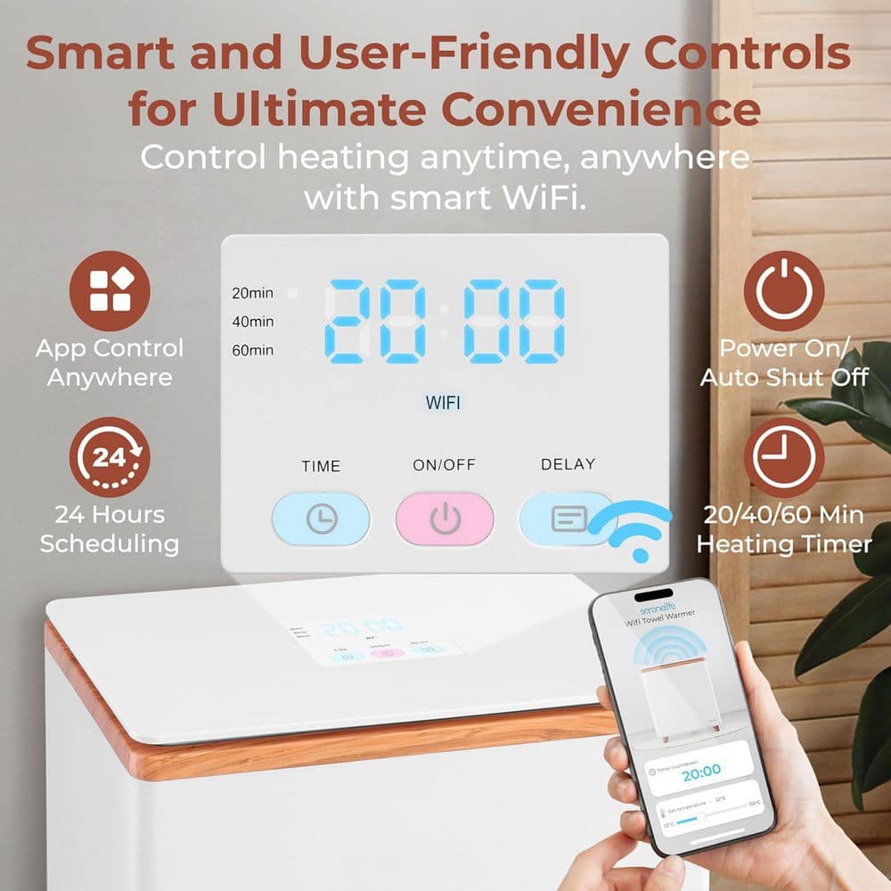 SereneLife Electric Towel Warmer with WiFi-Single Touch, Holds 2pcs Large Bath Towels, Brown Natural Finish, 20L Capacity SLTLR660W SLTLR660W