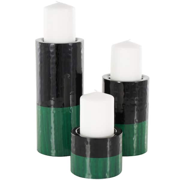 Litton Lane Green Metal Color Block Candle Holder with Paint Streak Designs (Set of 3)