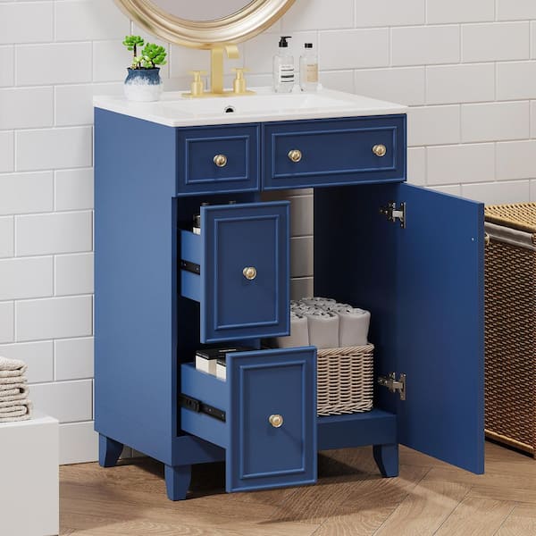 24 in. W x 18 in. D x 34 in. H Single Sink Freestanding Bath Vanity in Blue with White Ceramic Top