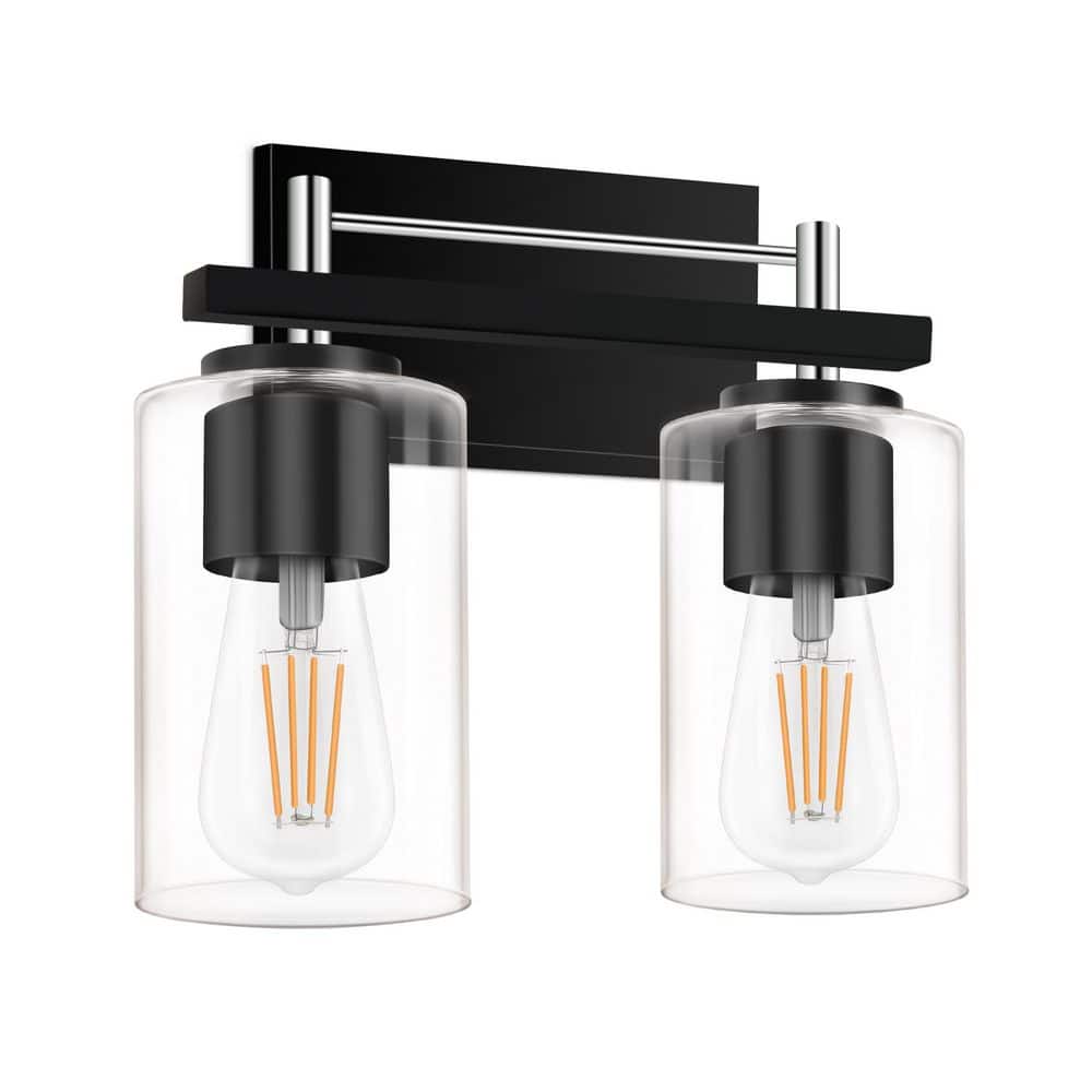 10.66 in. 2-Light Matte Black and Chrome Modern Bathroom Vanity Light with Clear Cylinder Glass Shade price history on PriceWatchPro