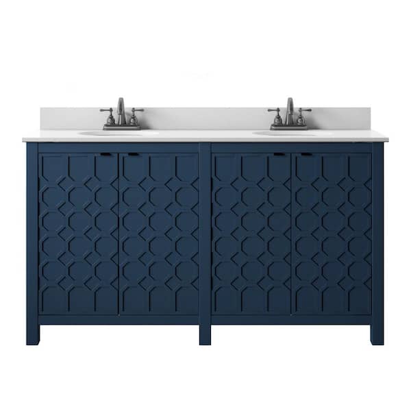 Twin Star Home 60 in. W x 20 in. D x 38.25 in. H Double Bathroom Vanity Side Cabinet in Franklin Blue with Stone White Top