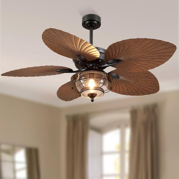 52 in. Indoor/Outdoor Tropical Downrod Brown 5 Palm Leaf Ceiling Fan with Light and Remote Wet Rated for Patios