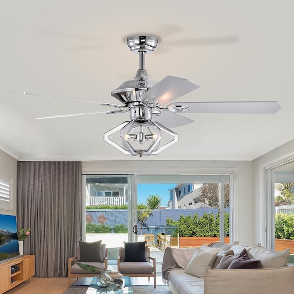 Keazile 52 in. Indoor Chrome Crystal Ceiling Fan with Lights, Remote Control and Reversible Motor for Living Room, Bedroom