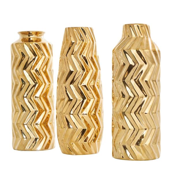 Litton Lane Gold Dimensional Chevron Textured Ceramic Decorative Vase with Varying Shapes (Set of 3) 044654