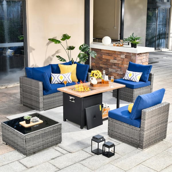 Toject Sanibel Gray 6-Piece Wicker Outdoor Patio Conversation Sofa Sectional Set with a Storage Fire Pit and Navy Blue Cushions
