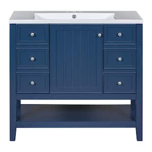 36 in. W x 18 in. D x 34.1 in. H Freestanding Bath Vanity in Blue with White Ceramic Top