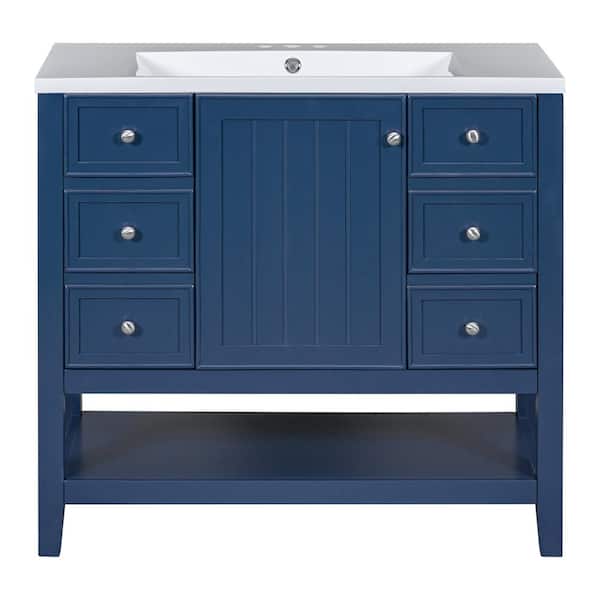 Bnuina 36 in. W x 18 in. D x 34.1 in. H Freestanding Bath Vanity in Blue with White Ceramic Top
