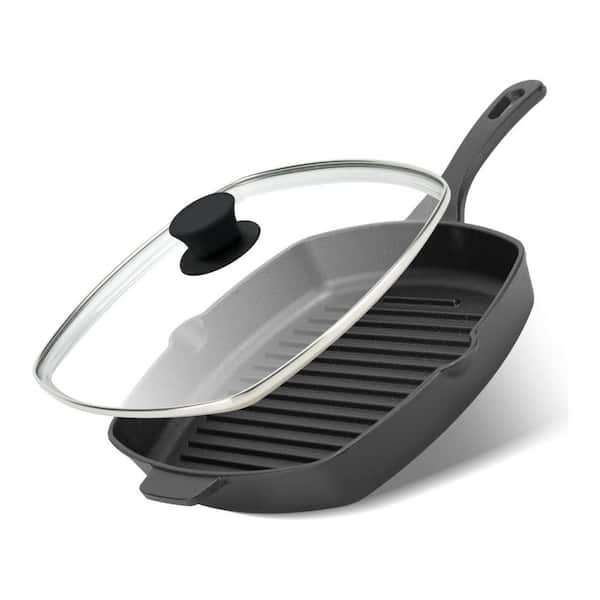 Cast Iron Square Grill Pan with Tempered Glass Lid, Nonstick Heavy Grill Pan for Indoor Cooking, Black