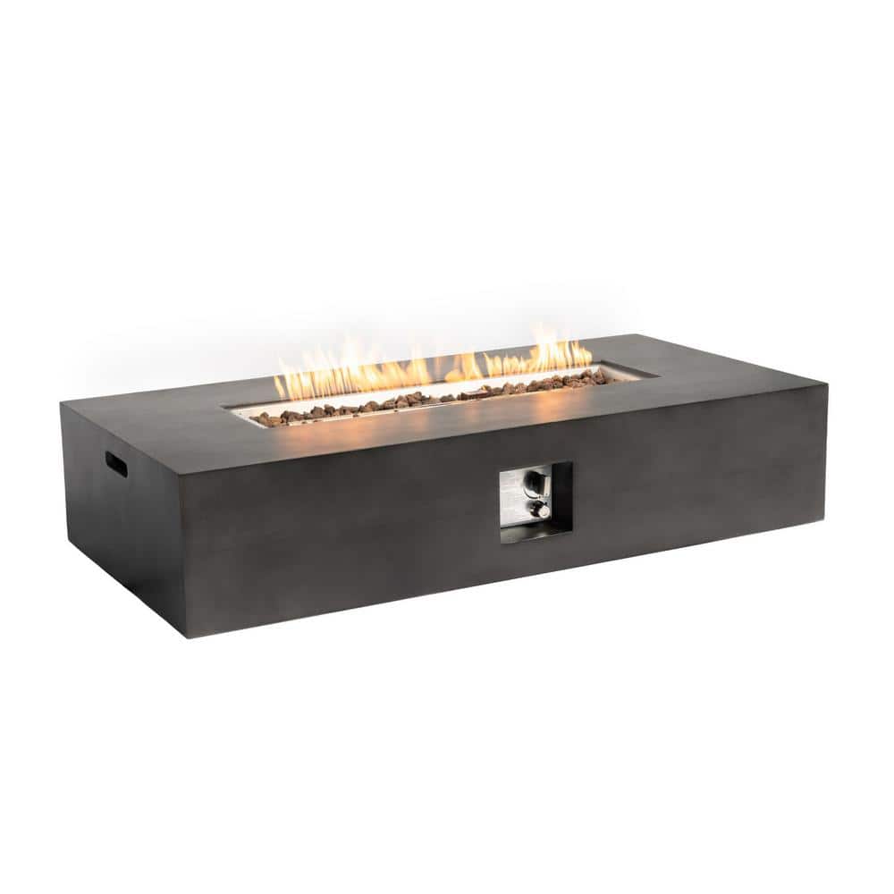 56 in. Fire Pit Table Large Rectangular Stone with Lava Rocks & Rain Cover in Dark Gray