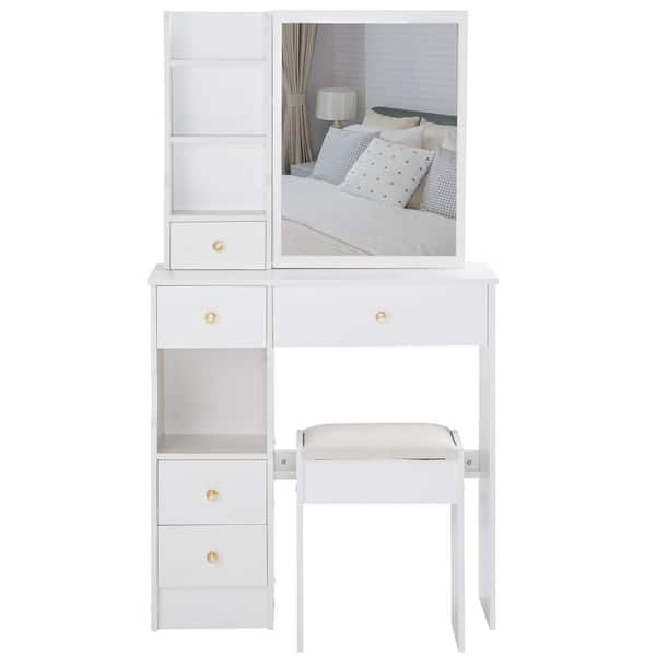 2-Piece White Vanity Table Set with Cushioned Stool and Sliding Mirror for Small Space durable construction