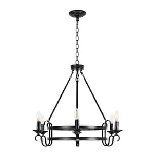 6-Light Black Vintage Candle Style Wagon Wheel Chandelier for Dining Room Kitchen Island with No Bulb Included