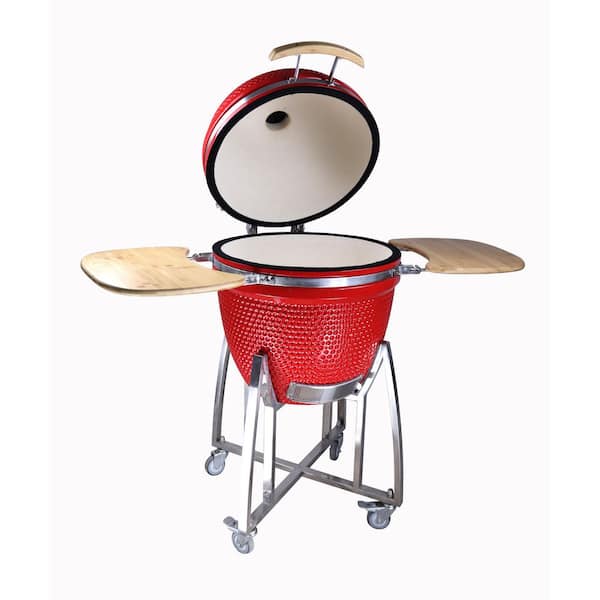 Unbranded 23 in. Comfortbilt Kamado Charcoal Grill in Red with Folding Side Tables