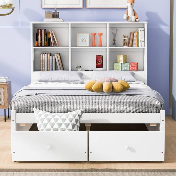 Dropship Full Size Wooden Platform Bed With Multi-functional Storage Space, Nightstand, 2 Drawers, USB Ports And Desk, White To Sell Online At A Lower Price