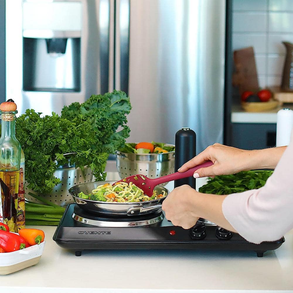 Black Double Burner Electric Cooktop with Cast Iron Plates