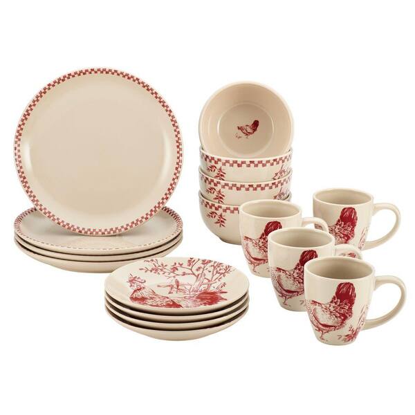 BonJour Dinnerware Chanticleer Country 16-Piece Stoneware Dinnerware Set in Burgundy Red