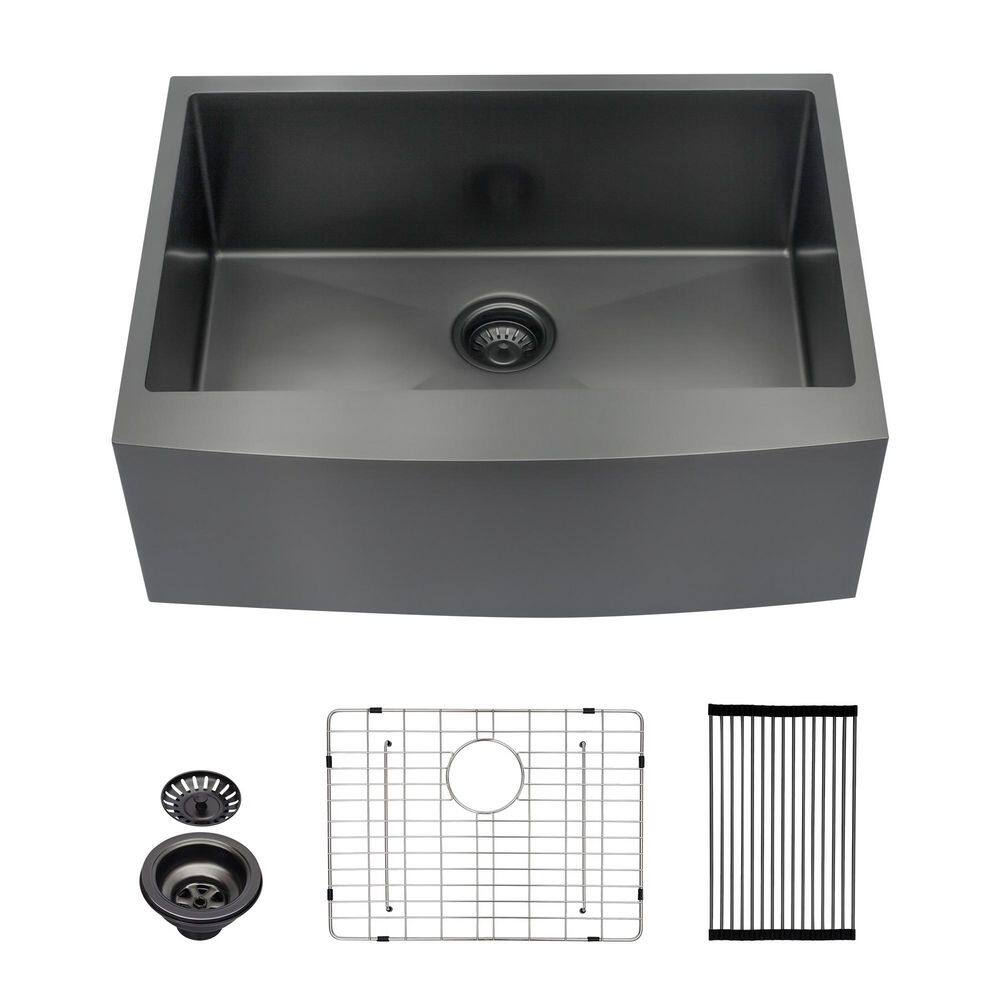 24 in. Farmhouse Apron Front Single Bowl Gunmetal Black 16-Gauge Stainless Steel Kitchen Sink with Strainer price history on PriceWatchPro