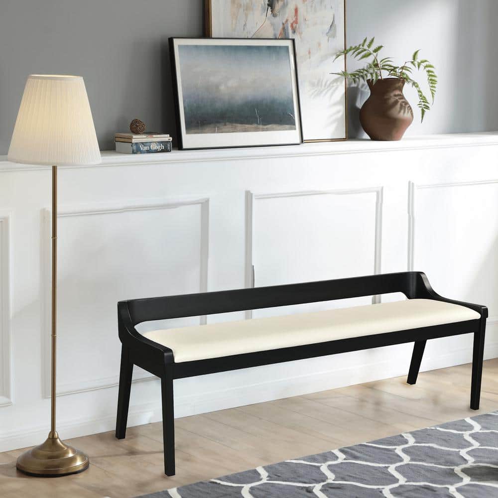 Rasmus 60" Black Rubberwood Dining Bench with Cream Faux Leather Seat