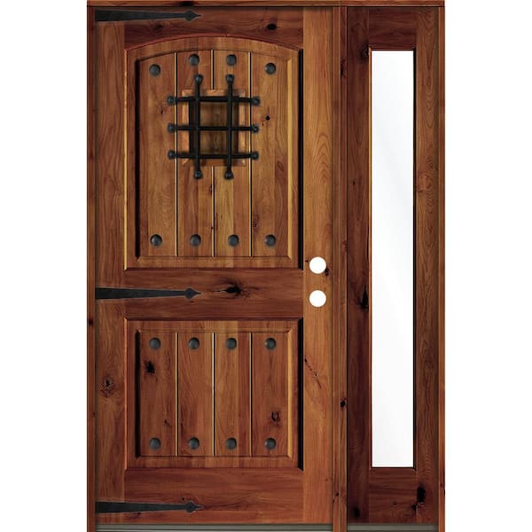 Krosswood Doors 56in. x 80in. Mediterranean Knotty Alder Left-Hand/Inswing Clear Glass Red Chestnut Stain Wood Prehung Front Door w/RFSL