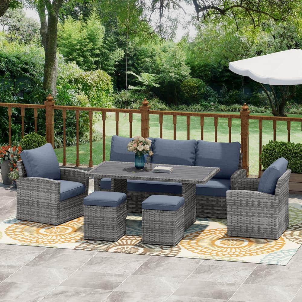 Outdoor 6-Piece Wicker Outdoor Patio Conversation Seating Set with Grey Cushions -  Wateday, PF-W376S00005