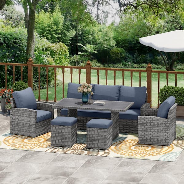 Wateday Outdoor 6-Piece Wicker Outdoor Patio Conversation Seating Set with Grey Cushions
