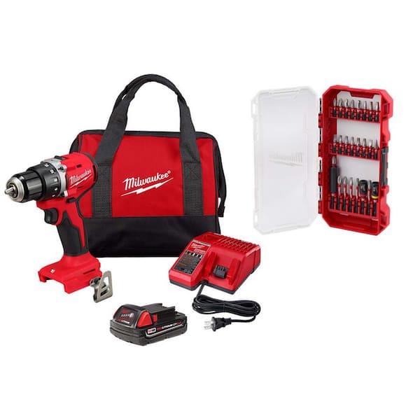 Milwaukee M18 18V Lithium-Ion Brushless Cordless Compact Drill/Driver with One 2.0 Ah Battery, Charger & Bit Set (25-Piece)