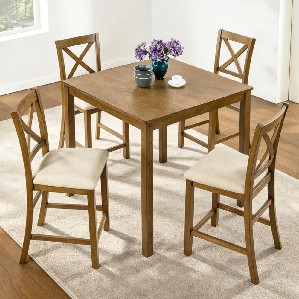 Modern 5-Piece Square Oak Finish Wood Counter Height Dining Set with Upholstered Chairs, 4 Seats price history on PriceWatchPro