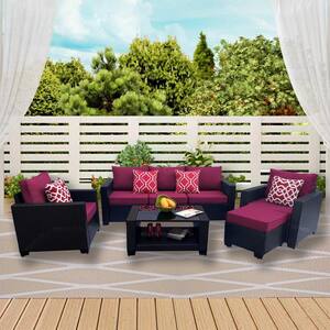 7-Piece Dark Coffee Wicker Outdoor Sectional Set with Red Cushions for Garden