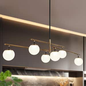 Transitional 6-light Brass Linear Integrated LED Island Pendant Light, Globe Frosted Glass Chandelier for Dining Room