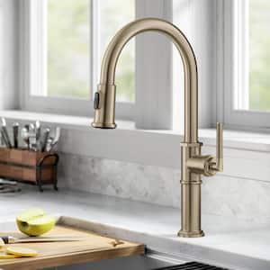 Sellette Traditional Industrial Pull-Down Single Handle Kitchen Faucet in Brushed Gold