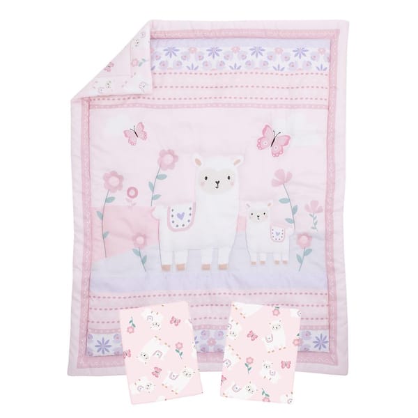 Little Love By Nojo Sweet Llama And Butterflies Floral Pink And Purple 3 Piece Mini Crib Bedding Set 6677740p The Home Depot