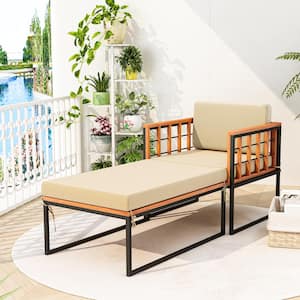 Acacia Wood Outdoor Chaise Lounge with Long Ottoman and Beige Cushions