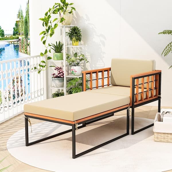 FORCLOVER Acacia Wood Outdoor Chaise Lounge with Long Ottoman and Beige Cushions