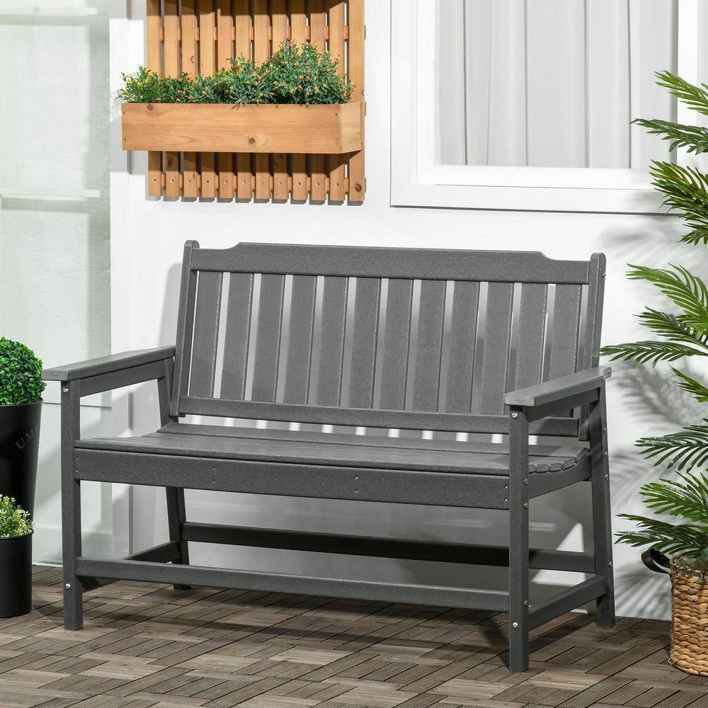 Dark Gray HDPE 2-Person Outdoor Garden Bench with Slatted Back and Armrests