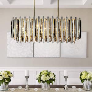 39 in. 7-Light in Soft Gold Rectangular Luxury Stainless Steel Dining Room Tiered Chandelier with Smoked Crystal Accents