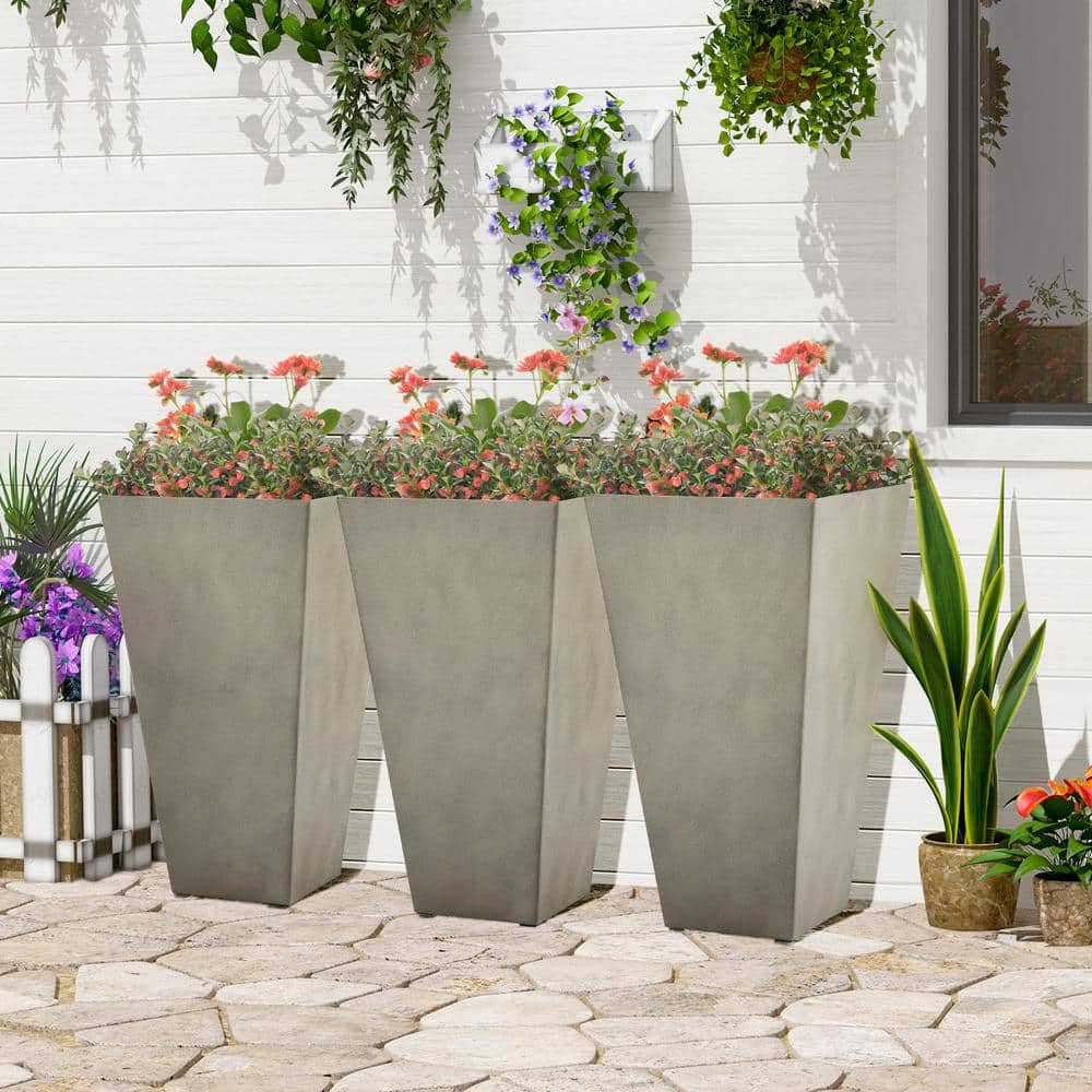 Outsunny 28" Tall Gray Plastic Planters with Drainage Hole, Set of 3
