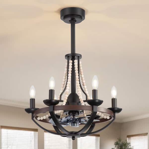 Pickering 22 in. 6-Light Black Farmhouse Fandelier Ceiling Fan with Downrod and Remote with Decorative Wooden Beads.
