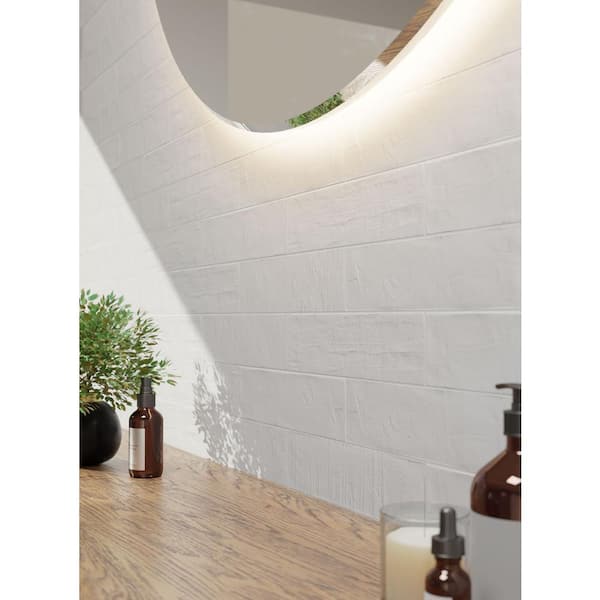 Encore White 3 in. x 12 in. Subway Herringbone Textured Matte Ceramic Wall Tile Sample