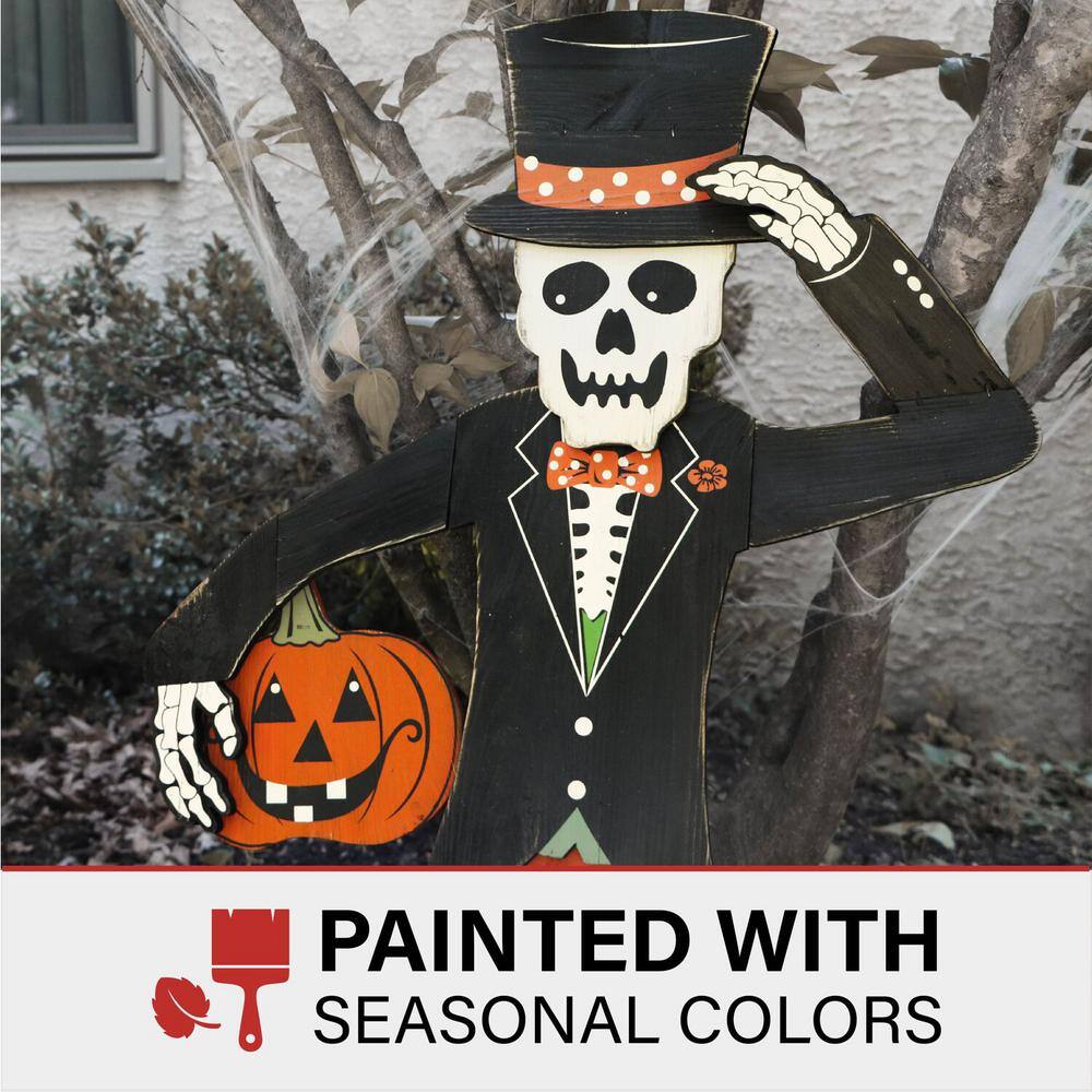 46" Painted Skeleton Holding Pumpkin Wooden Yard Stake