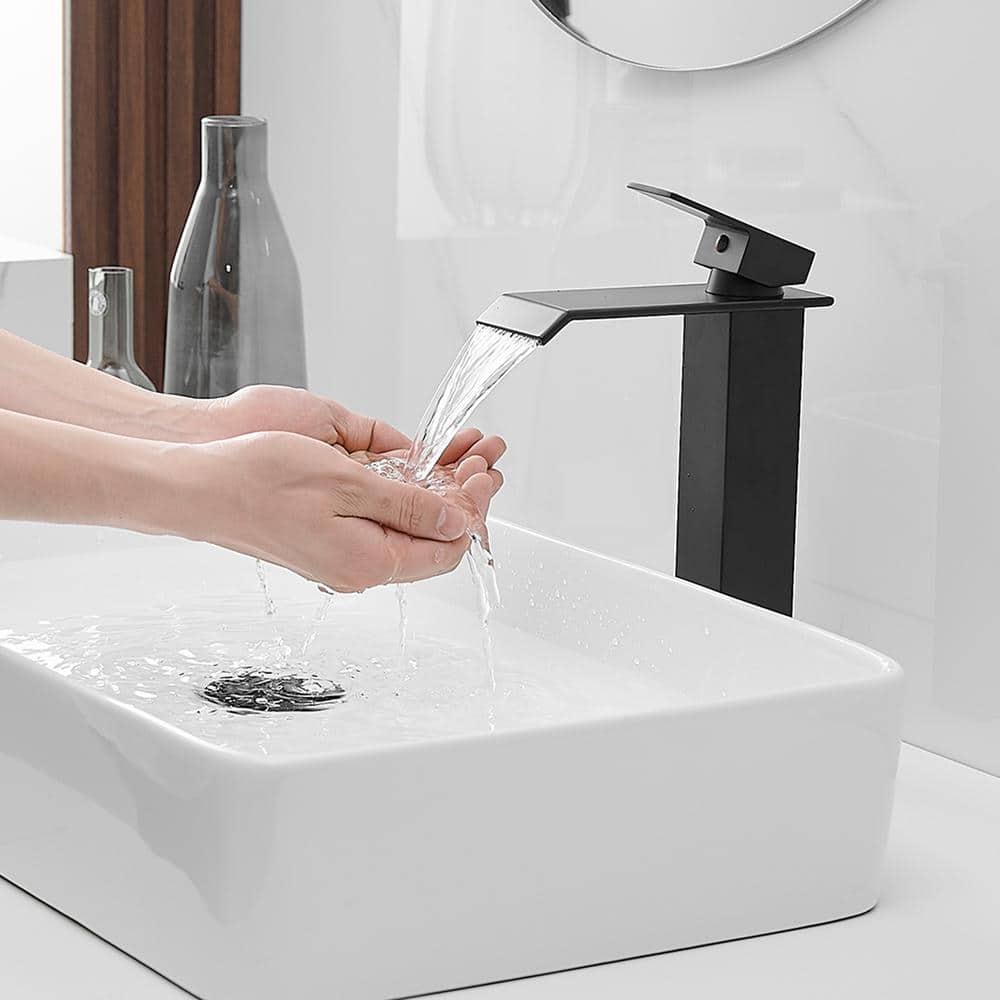 Matte Black Tall Waterfall Vessel Sink Faucet with Pop-Up Drain