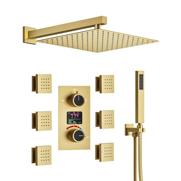 CRANACH 3-Spray Wall Mount 2.5 GPM Dual Shower Head Fixed and Handheld Shower Head with 6-Jets in Brushed Gold (Valve Included)