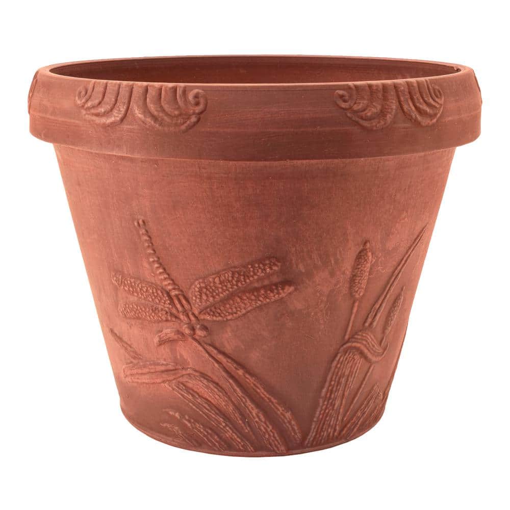 Medium Terra Cotta Dragonfly Design Round Planter
