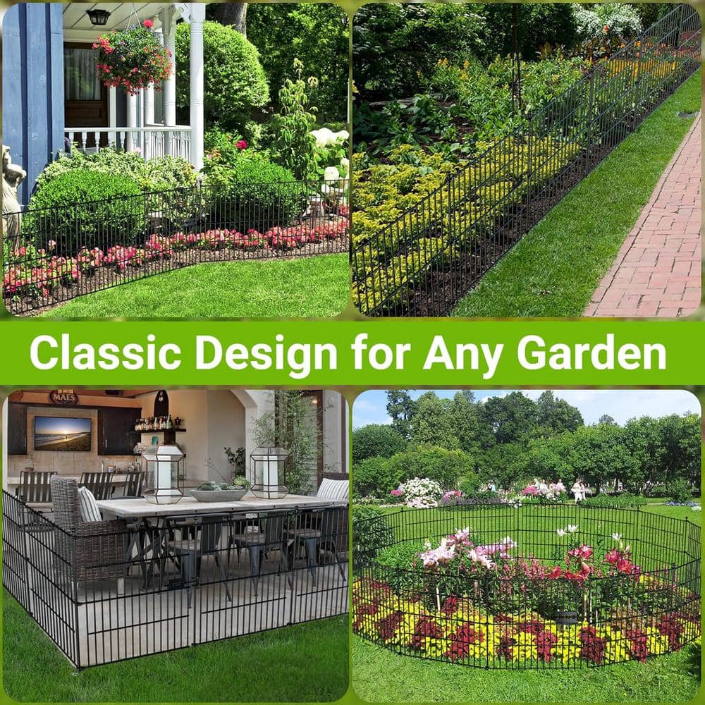 24 in x 10 ft Black Metal Outdoor Garden Fence with Gate