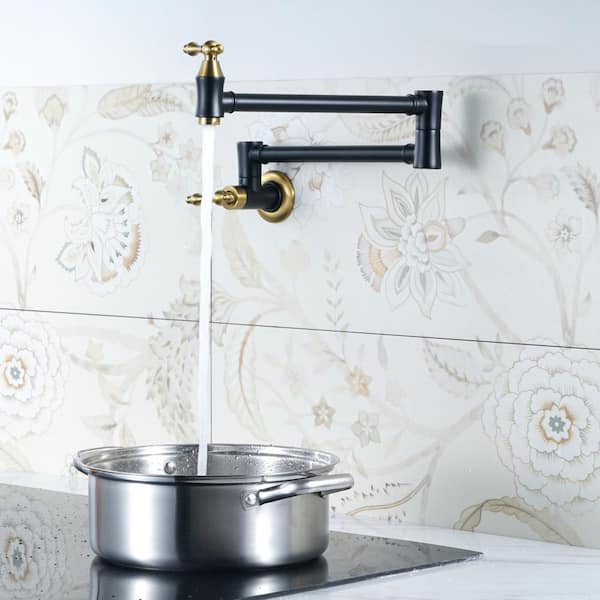 Brass Wall Mounted Pot Filler with 2 Handles and 2 Aerators in Black and Gold