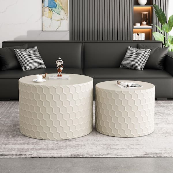 Sudzendf 23.62 in. Beige Cylindrical Nesting Coffee Table Set with Honeycomb Design (Set of 2)